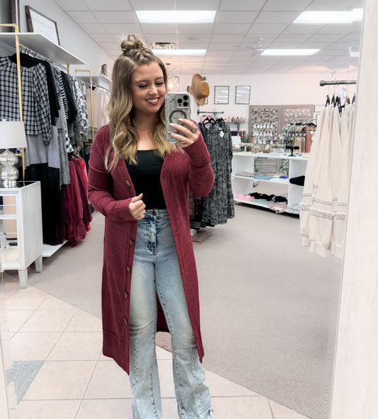 Long Button Down Burgundy Cardigan