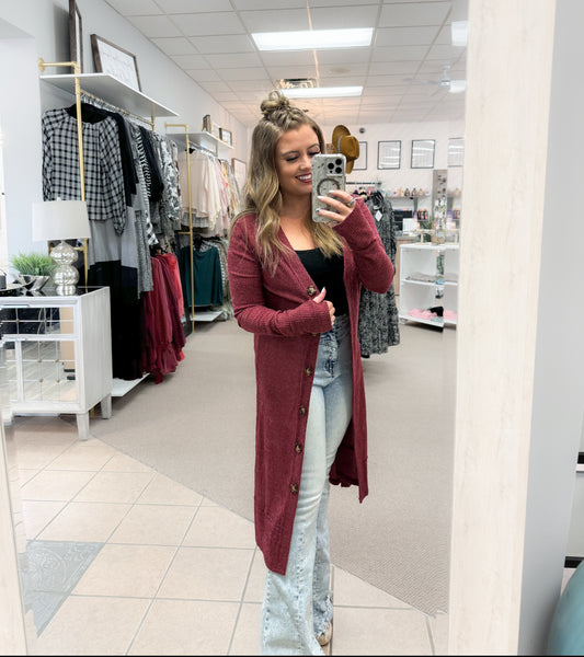 Long Button Down Burgundy Cardigan