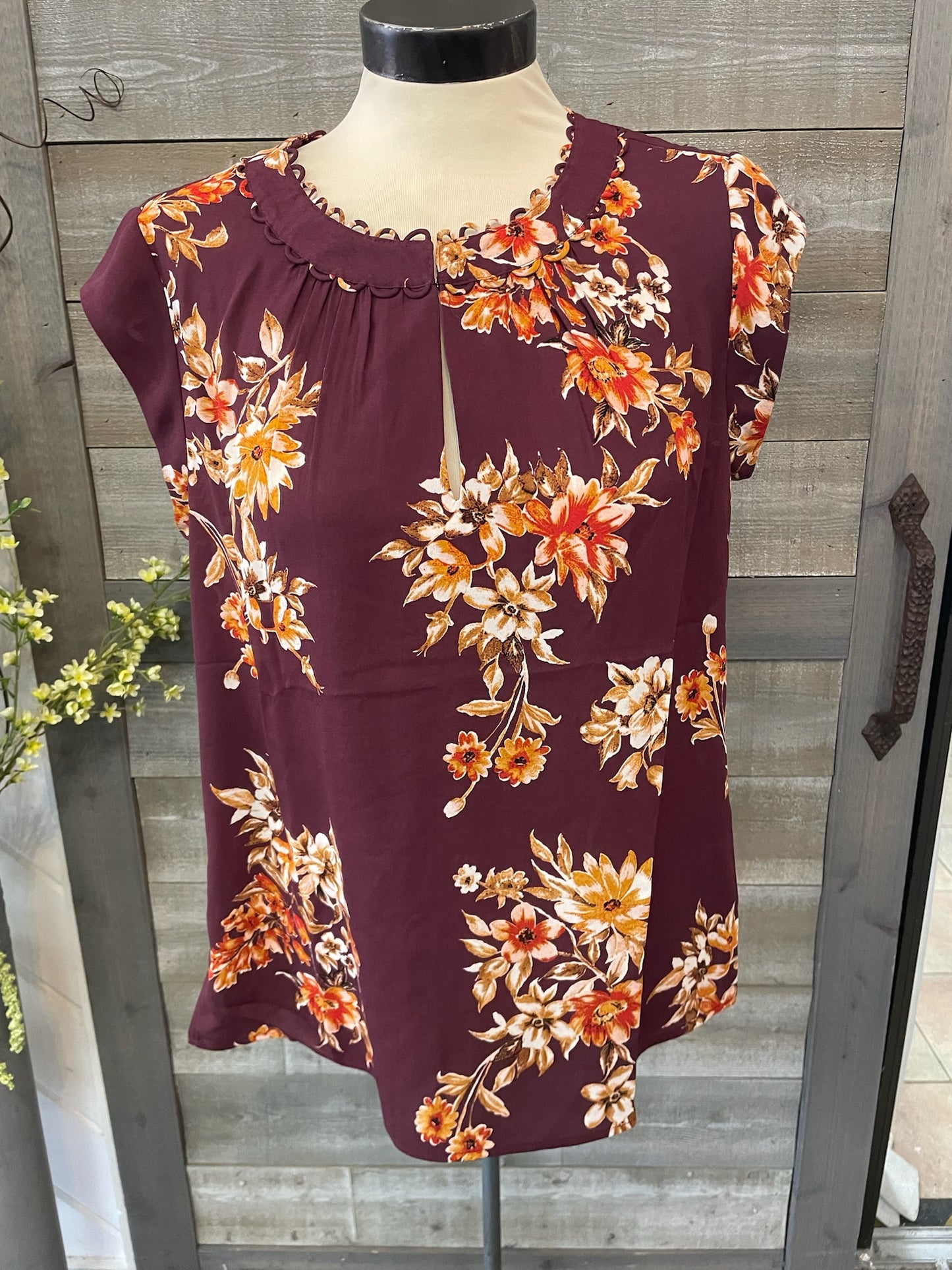 Burgundy Floral Cap Sleeve Blouse