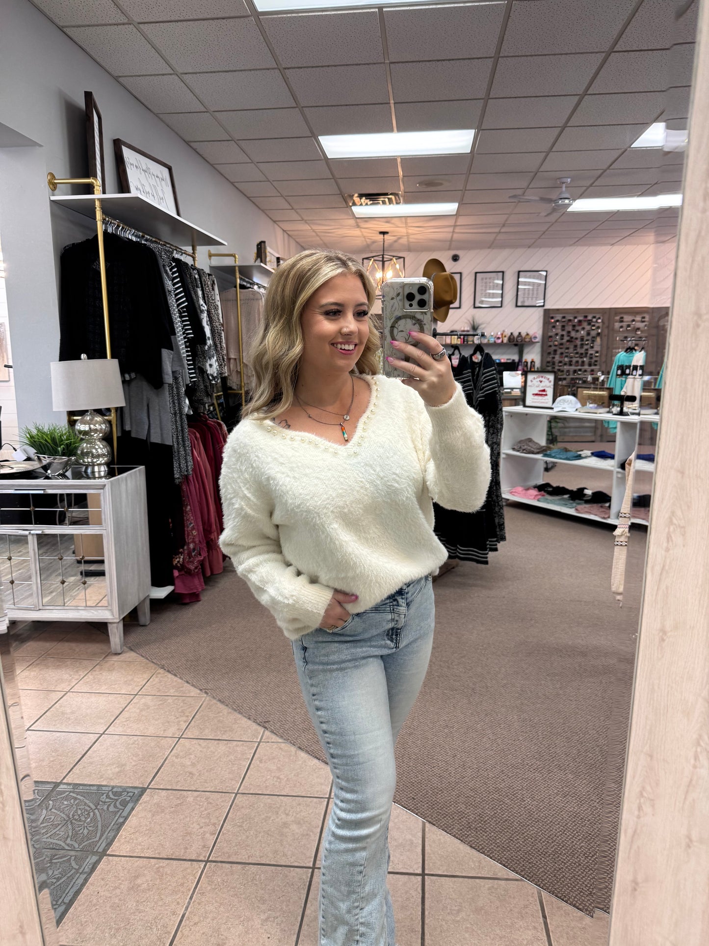 White Sweater with Pearl Neckline