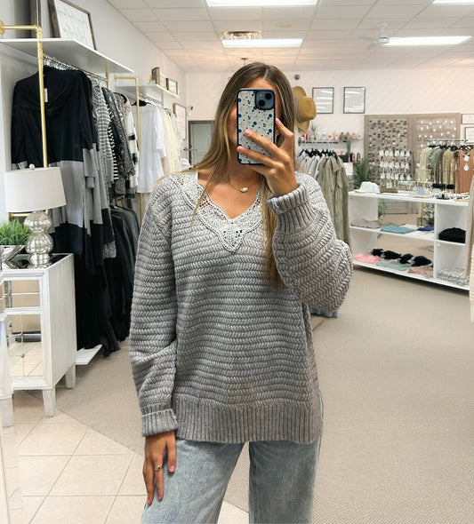 Grey Lace Trim Sweater