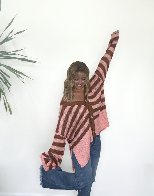Stripe Sweater Buttoned V Neck Cardigan