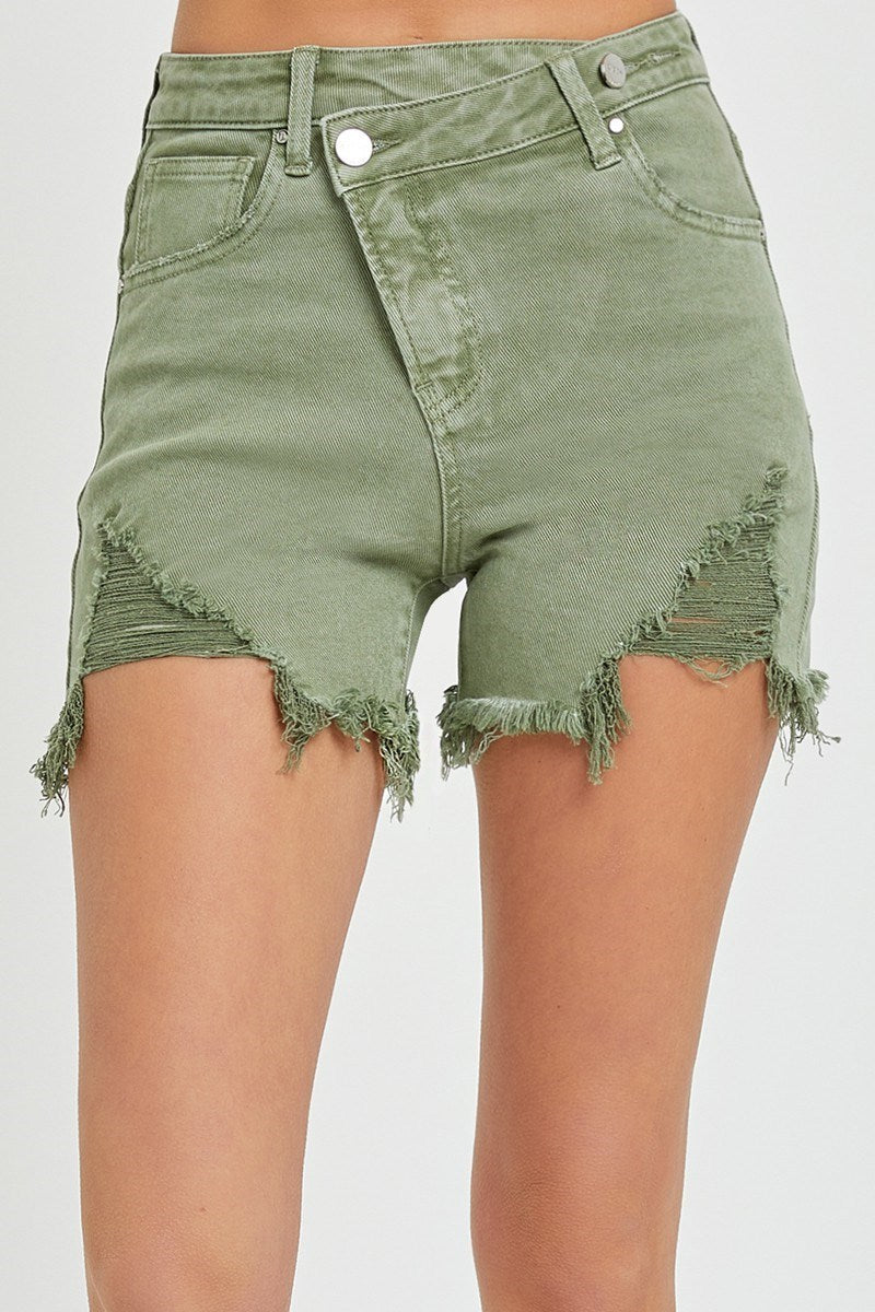 Olive Green Cut Off Cross Over Shorts