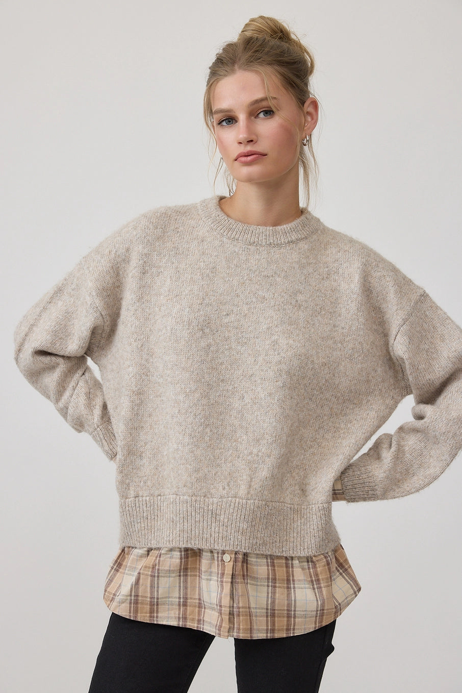 Layered Plaid Hem Knit Sweater