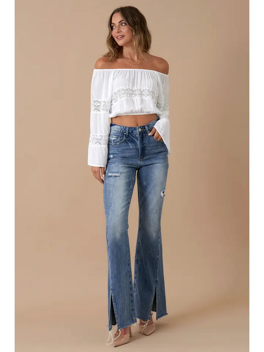 High Rise Front Slit Flare Distressed Denim