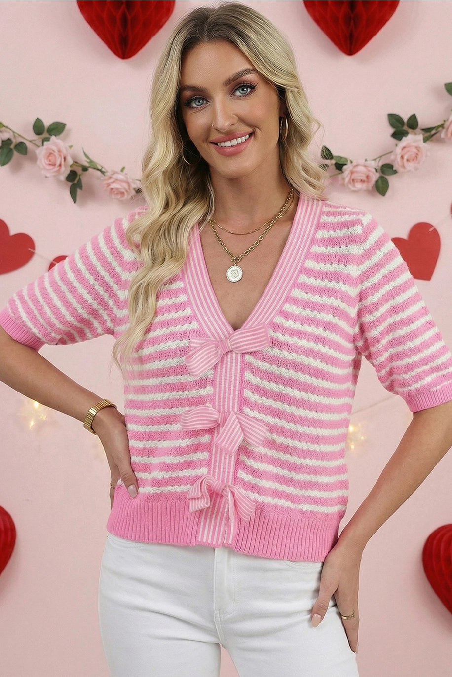 Valentine's Day Knit Contrast Bow Sweater