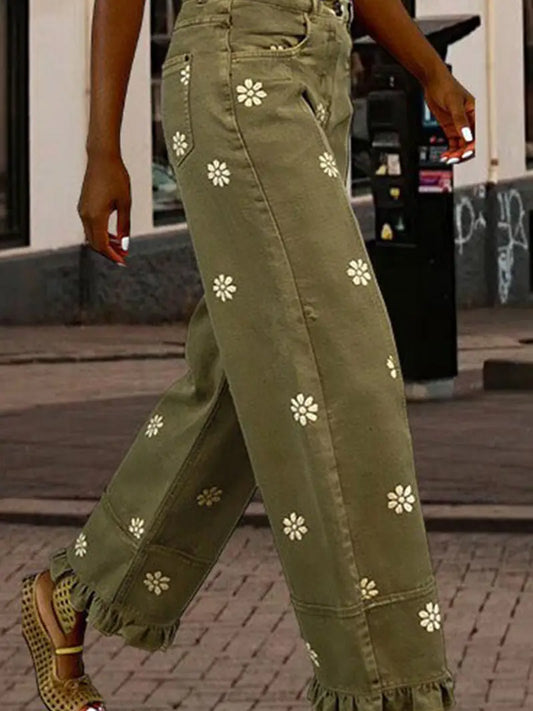 Daisy Print Ruffle Hem Wide Leg Pants