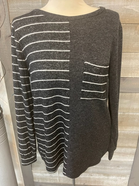 Heather grey striped sweater with pocket
